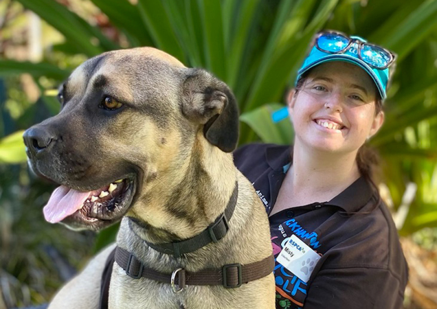 Misty with large brown dog